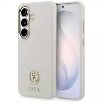 Guess Rhinestone Round Logo MagSafe Dėklas Samsung Galaxy S26 Smėlio Spalvos
