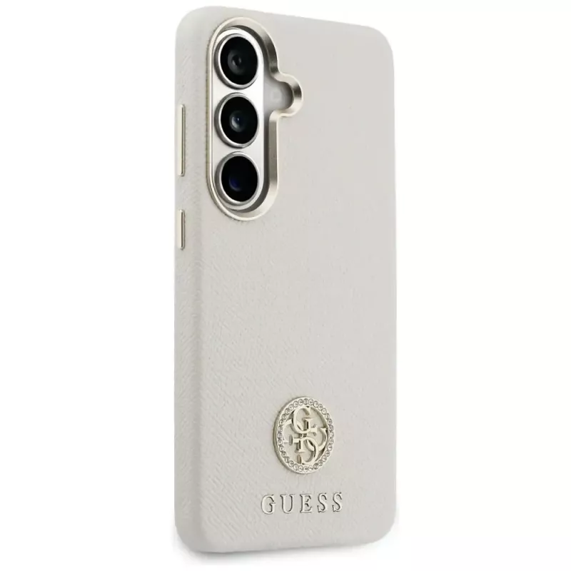 Guess Rhinestone Round Logo MagSafe Dėklas Samsung Galaxy S26 Smėlio Spalvos