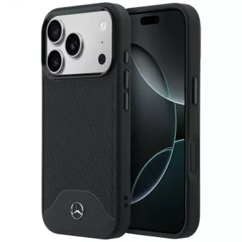 Mercedes-Benz Mercedes-Benz odinė juoda dėklas su medienos efektu ir išlenktu dizainu, su MagSafe, skirtas iPhone 17 Pro