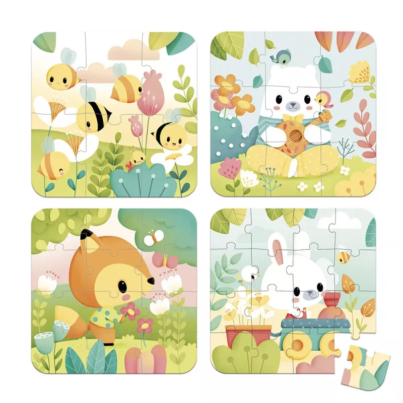 Janod Pure Progressive Jigsaw Puzzle Set in Suitcase – Animals – 4 Puzzles (6, 9, 12, 16 Pieces) – 2+ Years – Made in France