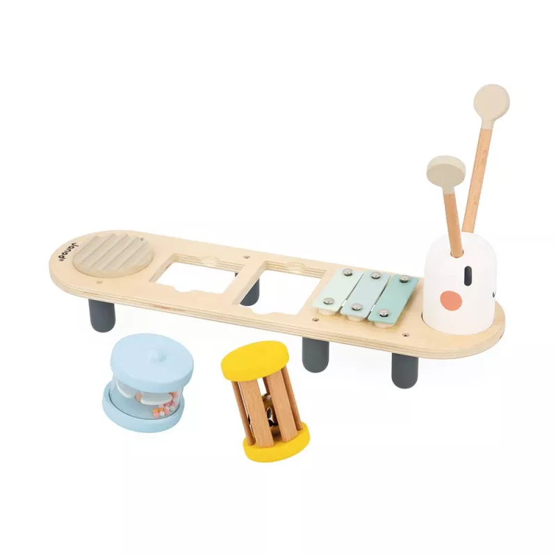 Janod Sweet Cocoon Muzikinis stalelis su kirminu – 5 instrumentai, FSC mediena, 12m+