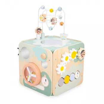 Janod Sweet Cocoon Multi-Activity Cube su karoliukų labirintu, formų rūšiuokliu, abaku, krumpliaračiais, stumdomais elementais, sukiojamais blokeliais, dėliojimo žaidimu – FSC sertifikuota mediena, pastelinės spalvos, nuo 18 mėn. iki 3 m.