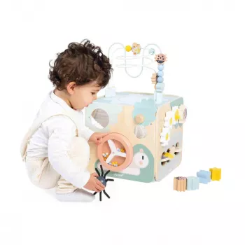 Janod Sweet Cocoon Multi-Activity Cube su karoliukų labirintu, formų rūšiuokliu, abaku, krumpliaračiais, stumdomais elementais, sukiojamais blokeliais, dėliojimo žaidimu – FSC sertifikuota mediena, pastelinės spalvos, nuo 18 mėn. iki 3 m.