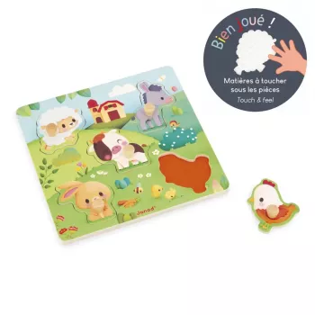 Janod Pure Sensory Wooden Puzzle Farm Animals 7 Pieces