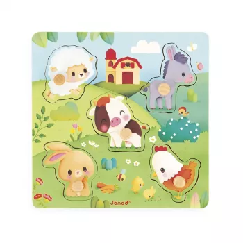 Janod Pure Sensory Wooden Puzzle Farm Animals 7 Pieces