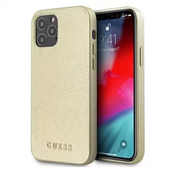 Guess GUHCP12LIGLGO Kietasis dėklas, skirtas iPhone 12 Pro Max 6,7 inch auksinis vaivorykštinis