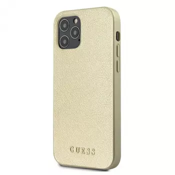 Guess GUHCP12LIGLGO Kietasis dėklas, skirtas iPhone 12 Pro Max 6,7 inch auksinis vaivorykštinis