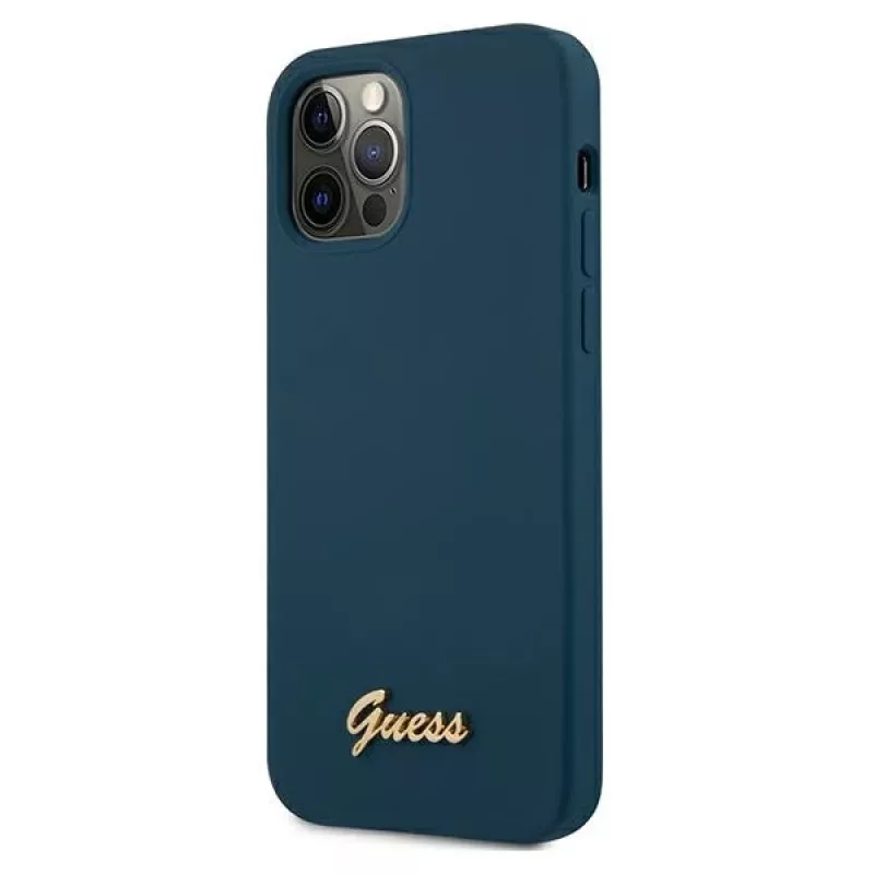 Kietas dėklas Guess GUHCP12LLSLMGBL Metal Logo Script, skirtas Apple iPhone 12 Pro Max, mėlynas