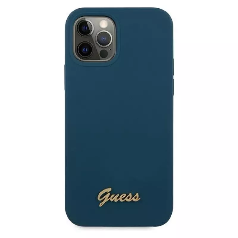 Kietas dėklas Guess GUHCP12LLSLMGBL Metal Logo Script, skirtas Apple iPhone 12 Pro Max, mėlynas