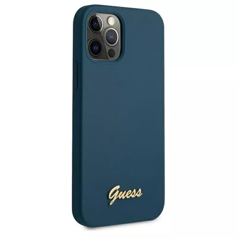 Kietas dėklas Guess GUHCP12LLSLMGBL Metal Logo Script, skirtas Apple iPhone 12 Pro Max, mėlynas