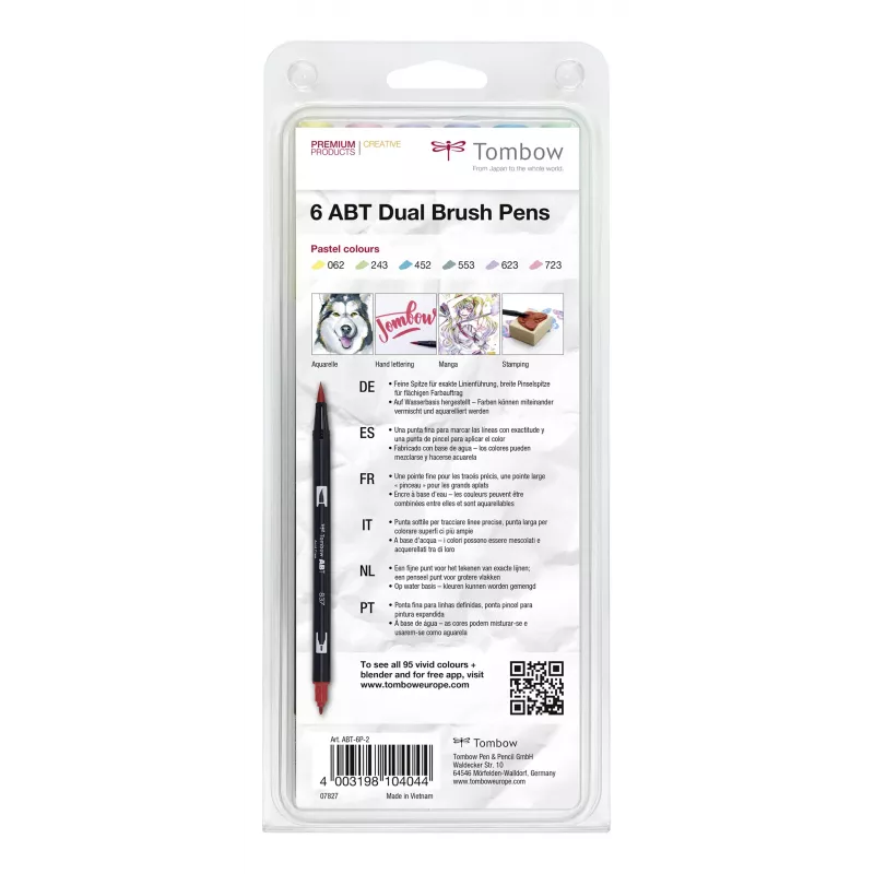 Tombow ABT-6P-2 Dual Brush Pen Set – 6 spalvų – smailusis ir teptuko antgalis