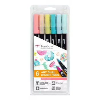 Tombow ABT-6P-4 Dual Brush Pen Set - 6 rašikliai - smulkus ir šepetėlio antgalis - įvairiaspalviai - apvalūs