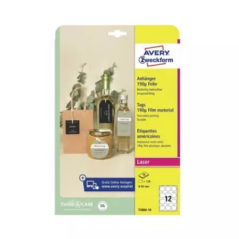Avery Zweckform T3004-10 lipdukai be lipniosios pusės, apvalūs, poliesteriniai, balti, 60 mm, 120 lipdukų