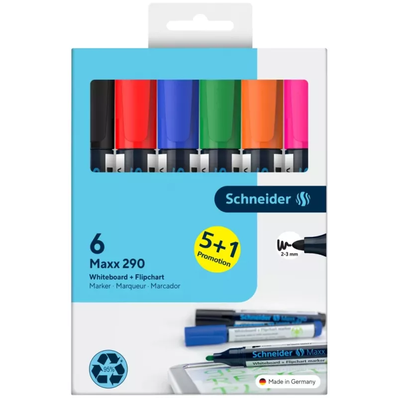Schneider Maxx 290 Whiteboard ir Flipchart žymeklių rinkinys 6 spalvų 2,0 - 3,0 mm