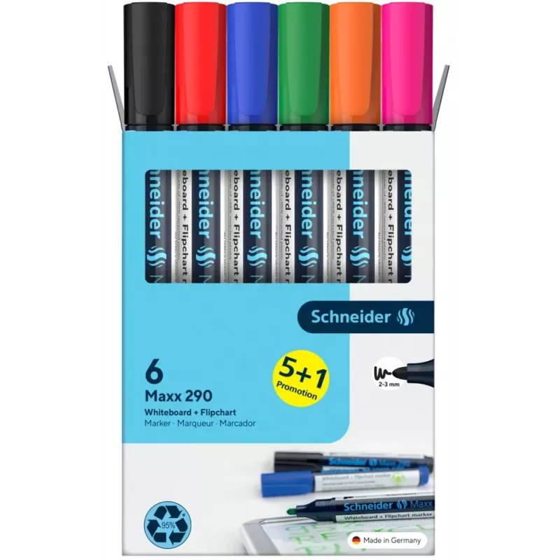 Schneider Maxx 290 Whiteboard ir Flipchart žymeklių rinkinys 6 spalvų 2,0 - 3,0 mm