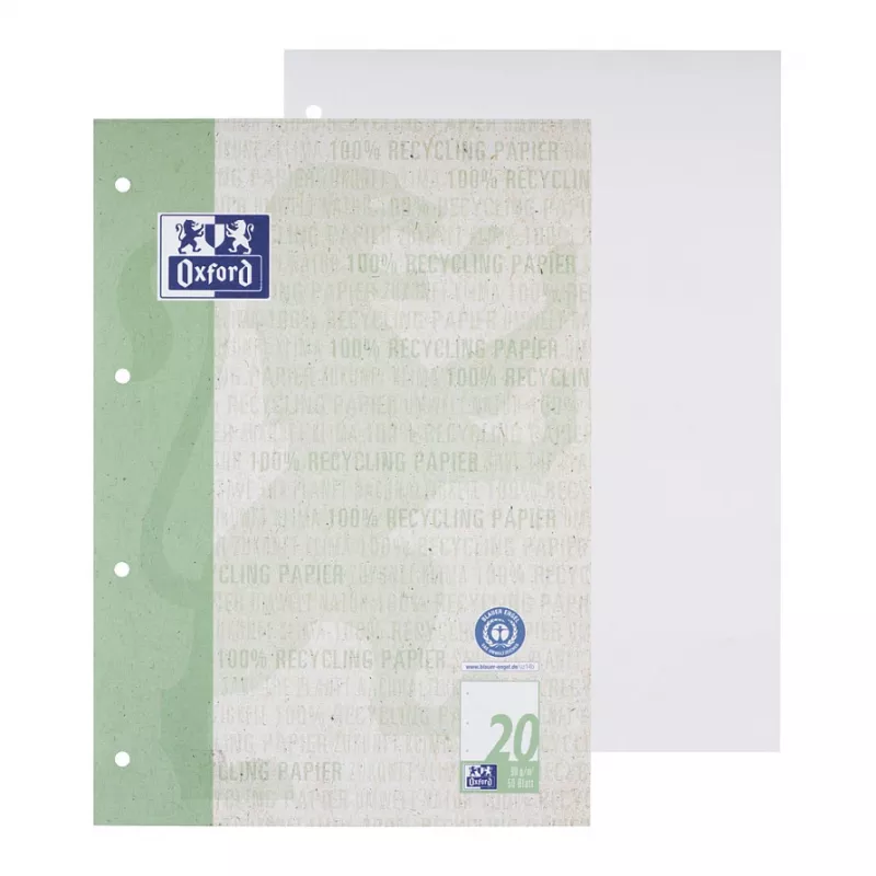 Oxford Schulblock Recycling DIN A4 bloknotas, 50 lapų, liniuotė 20, suklijuotas viršuje, tuščias, 4 skylių perforacija