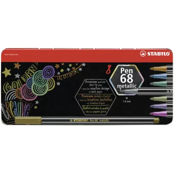 STABILO Pen 68 Metallic Fibre-Tip Pen Set - Medium - 8 Assorted Metallic Colours - Round Tip - 1.4 mm Line Width