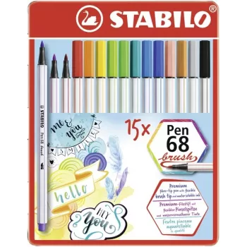 STABILO Pen 68 Brush 15 spalvų – asorti | Vandeniniai rašikliai teptukai