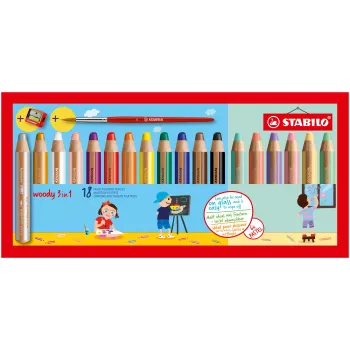 STABILO Woody 3-in-1 Multi-Talent Pencil 7.6 cm 18-Piece Pastel Set with Brush