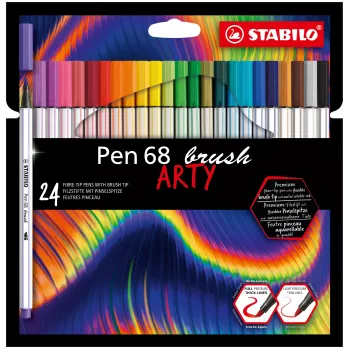 STABILO Pen 68 Brush ARTY Edition 24 vnt. kartoninėje dėžutėje – lankstūs šepetėlio antgalio flomasteriai rankiniam šriftui, bullet žurnalui ir iliustracijoms