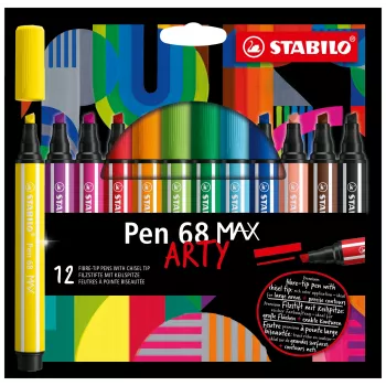 STABILO Pen 68 MAX 12 dalių ARTY Edition flomasterių rinkinys su kaltiniu antgaliu plastikiniame dėkle
