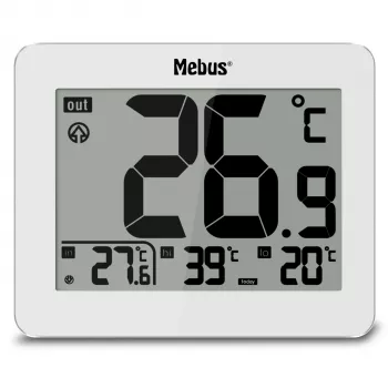 MEBUS 1074 Skaitmeninis termometras su vidaus ir lauko temperatūra, LCD ekranu, tvirtinamas prie sienos, baltas