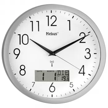 Mebus 19422 Radio Controlled Wall Clock, Analog, White Dial, Silver Case, 30 cm