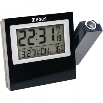 MEBUS 42424 Projekcinis radijo valdomas žadintuvas su DCF77, raudona LED projekcija, LCD ekranu, dvigubu žadintuvu, patalpų temperatūra, mėlynu foniniu apšvietimu, juodas