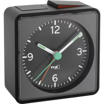 TFA Dostmann 60.1013.01 Push Electronic Alarm Clock - Analog, Black, Silent Sweep, Snooze, Backlight
