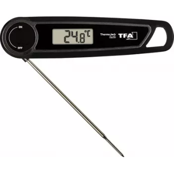 TFA THERMO JACK TASTE Skaitmeninis virtuvės termometras su laikmačiu ir signalu, nerūdijančio plieno zondas, 160 mm, -50 iki +300 °C, LCD ekranas, juodas/baltas