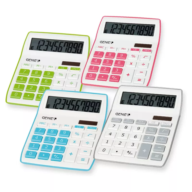 Genie Genius 840 stalinis skaičiuotuvas - 10 skaitmenų - 1 eilutė - baterija/saulė - rožinė/balta