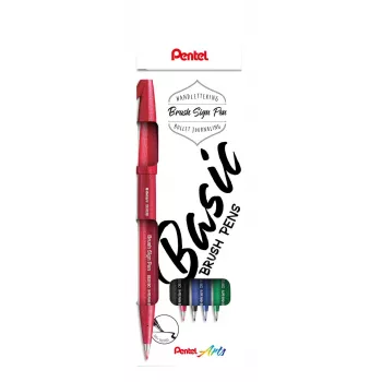 Pentel Sign Brush Pen rinkinys 4 spalvų – juoda, raudona, mėlyna, žalia