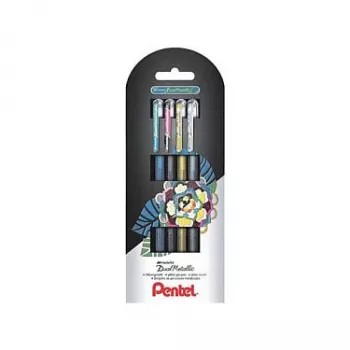 Pentel Dual Metallic Gel Pen Set - 4 rašikliai (juoda, mėlyna, auksinė, sidabrinė) - 0,5 mm - lizdinė pakuotė