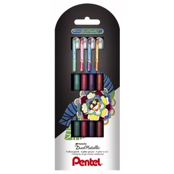 Pentel Dual Metallic Gel Pen Set - 4 Colors (Green, Orange, Pink, Violet) - 0,5 mm Fine Point - Plastic Barrel - Blister Pack