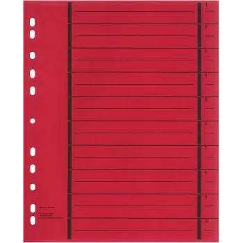 Wekre 50 Red A4 Cardboard Document Dividers, Universal 11-Hole, 180 g/m², Plain Edge