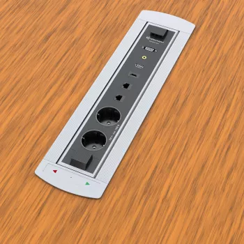 Kindermann CablePort Turn stalviršinis įleidžiamas blokas su 2 Schuko lizdais, 2 RJ45 CAT6, 2 HDMI, 1 USB-A 3.0, 360° sukimu, sidabrinis/juodas