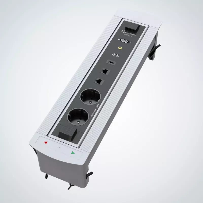 Kindermann CablePort Turn stalviršinis įleidžiamas blokas su 2 Schuko lizdais, 2 RJ45 CAT6, 2 HDMI, 1 USB-A 3.0, 360° sukimu, sidabrinis/juodas