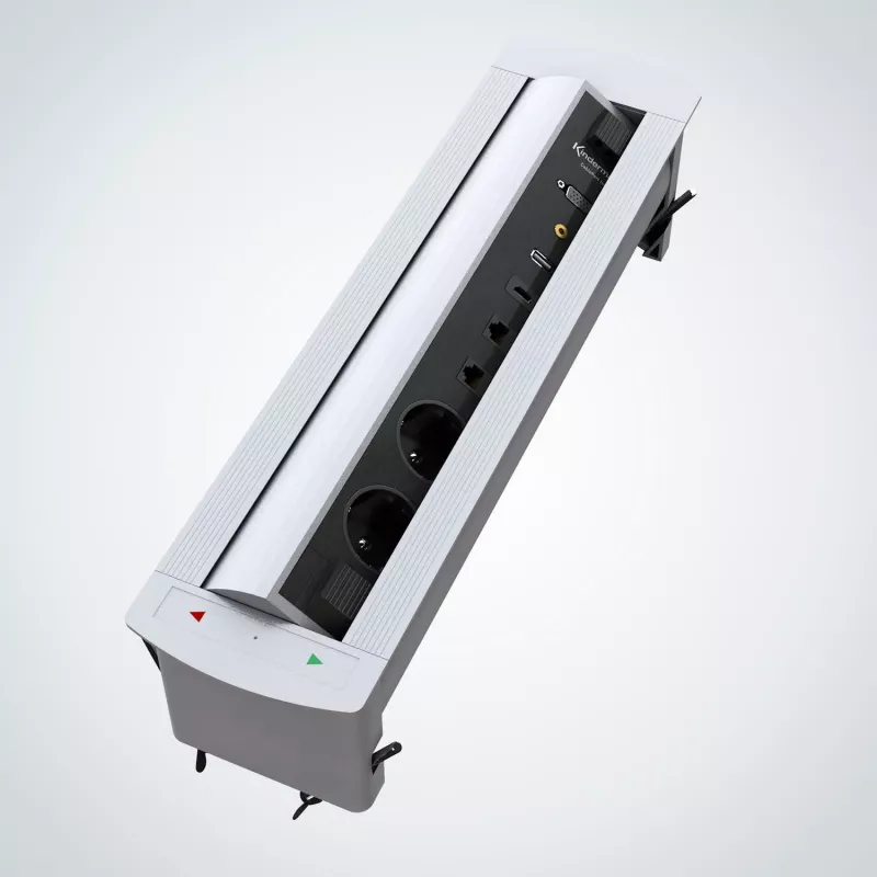 Kindermann CablePort Turn stalviršinis įleidžiamas blokas su 2 Schuko lizdais, 2 RJ45 CAT6, 2 HDMI, 1 USB-A 3.0, 360° sukimu, sidabrinis/juodas