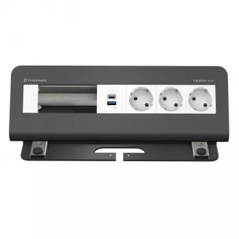 Kindermann CablePort desk² 6-way 3x Schuko 2x USB-A stalo jungčių modulis sidabrinis/juodas