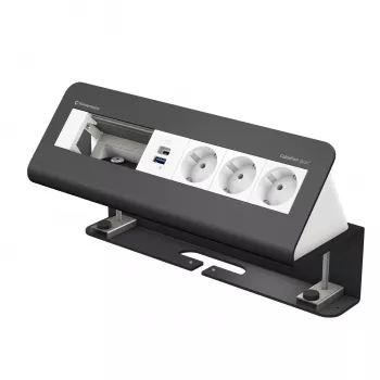 Kindermann CablePort desk² 6-way 3x Schuko 2x USB-A stalo jungčių modulis sidabrinis/juodas