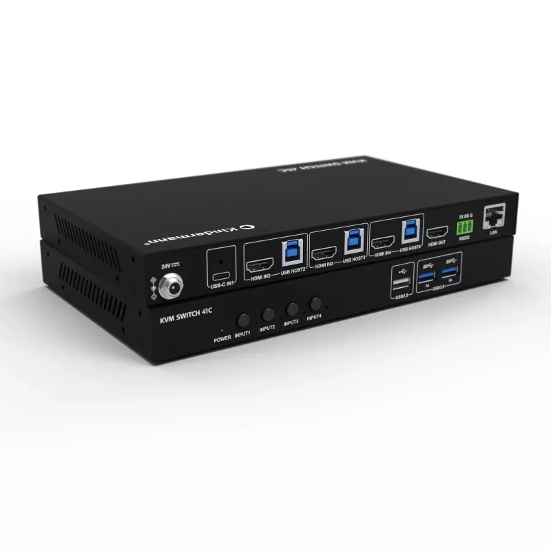 Kindermann KVM Switch 41C – 4 prievadų skaitmeninis KVM jungiklis su DVI-D, USB, garsu, EDID emuliacija