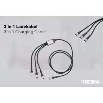 TROIKA DREIZACK PRO Įkrovimo Laidas - 3-in-1 Daugiafunkcis Įkrovimo Laidas su Raktų Pakabuku - Pilka