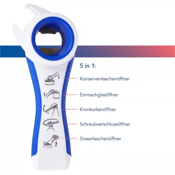 First Aid Only 5-in-1 Multi-Opener for Bottles and Cans, White/Blue, Reduces Effort