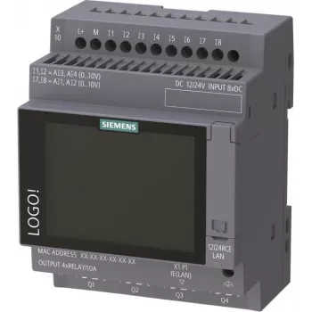 Siemens LOGO! 12/24 RCE Loginis modulis su ekranu, 8 DI/4 AI/4 Relė, 12-24V DC, Ethernet, Modbus TCP/IP