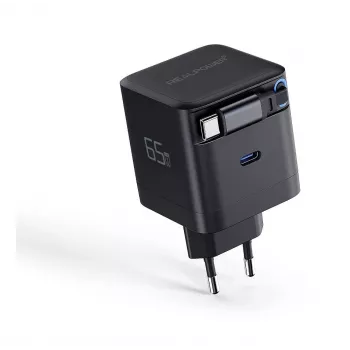 RealPower GaN Charger 65W Black su 2x USB-C PD, kompaktiškas ir galingas