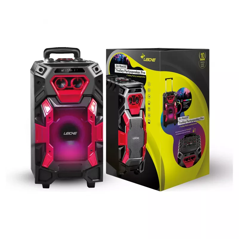 Leicke DJ ROXX TROLLEY PRO nešiojama PA kolonėlių sistema su Bluetooth, 100W RMS, 10 inch žemų dažnių garsiakalbiu, LED šviesomis, vežimėliu, mikrofonu, nuotolinio valdymo pultu