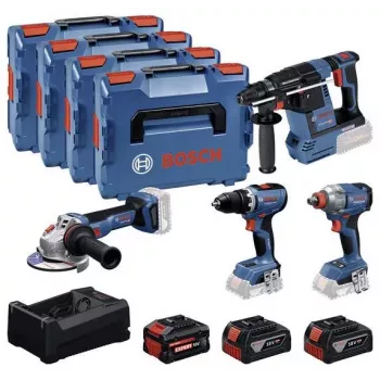 BOSCH POWERTOOLS Combo Kit 18V belaidis gręžtuvas-suktuvas, smūginis suktuvas, plaktukinis gręžtuvas, kampinis šlifuoklis (4 įrankių rinkinys)