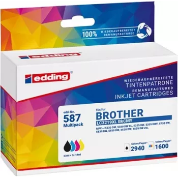 Edding suderinamų rašalo kasečių rinkinys juoda, žydra, purpurinė, geltona – pakeičia Brother LC-3219XL seriją (4 vnt.)