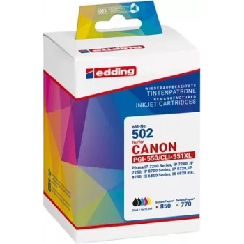 Edding EDD-502 suderinamų rašalo kasečių rinkinys: juoda, foto juoda, cyan, magenta, geltona (5 vnt.) – pakeičia Canon PGI-550XL/CLI-551XL