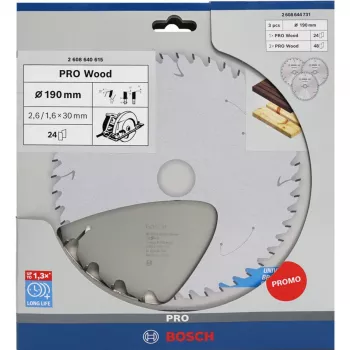 BOSCH Power Tools PRO Pjūklo diskas medienai 190 mm (3 vnt. rinkinys)